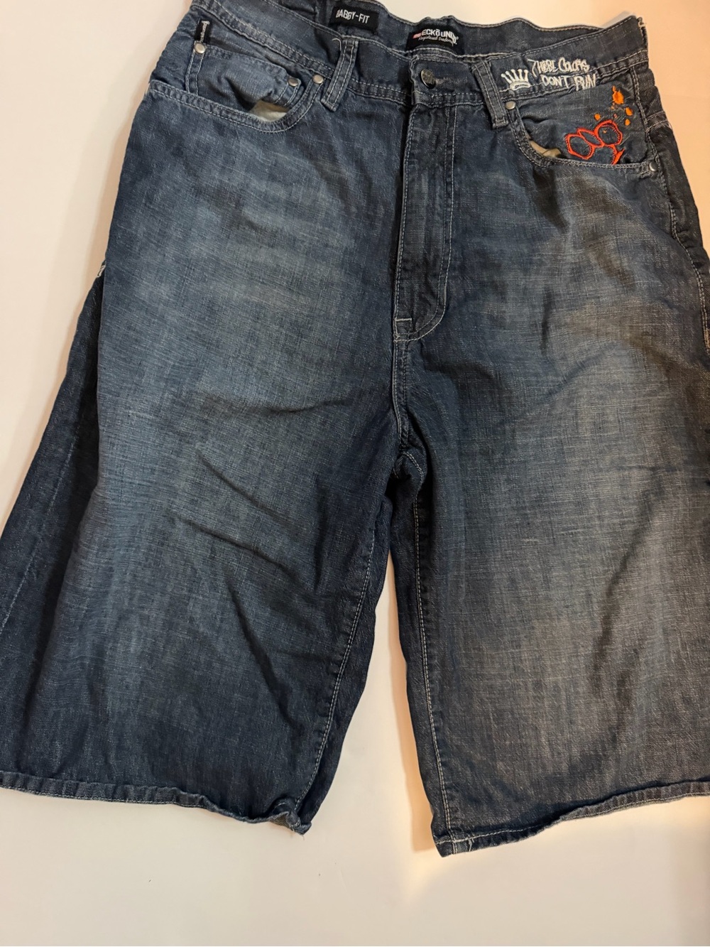 Y2K vintage Ecko Men's Dark Blue Denim Shorts with Embroidered Pocket